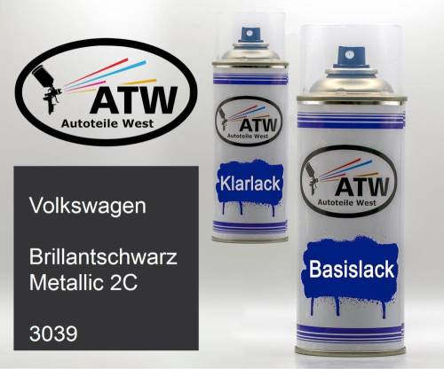 Volkswagen, Brillantschwarz Metallic 2C, 3039: 400ml Sprühdose + 400ml Klarlack - Set, von ATW Autoteile West.